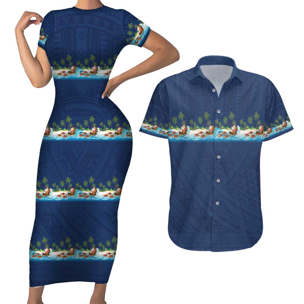 Hawaii Santa Riding Sea Turtle Couples Matching Short Sleeve Bodycon Dress and Hawaiian Shirt Mele Kalikimaka Polynesian Pattern LT01 Blue - Polynesian Pride