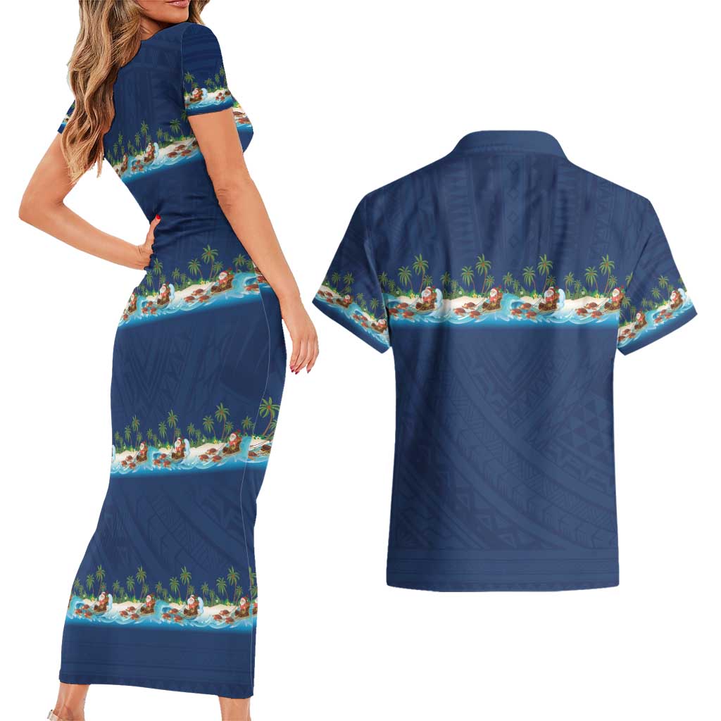 Hawaii Santa Riding Sea Turtle Couples Matching Short Sleeve Bodycon Dress and Hawaiian Shirt Mele Kalikimaka Polynesian Pattern LT01 - Polynesian Pride