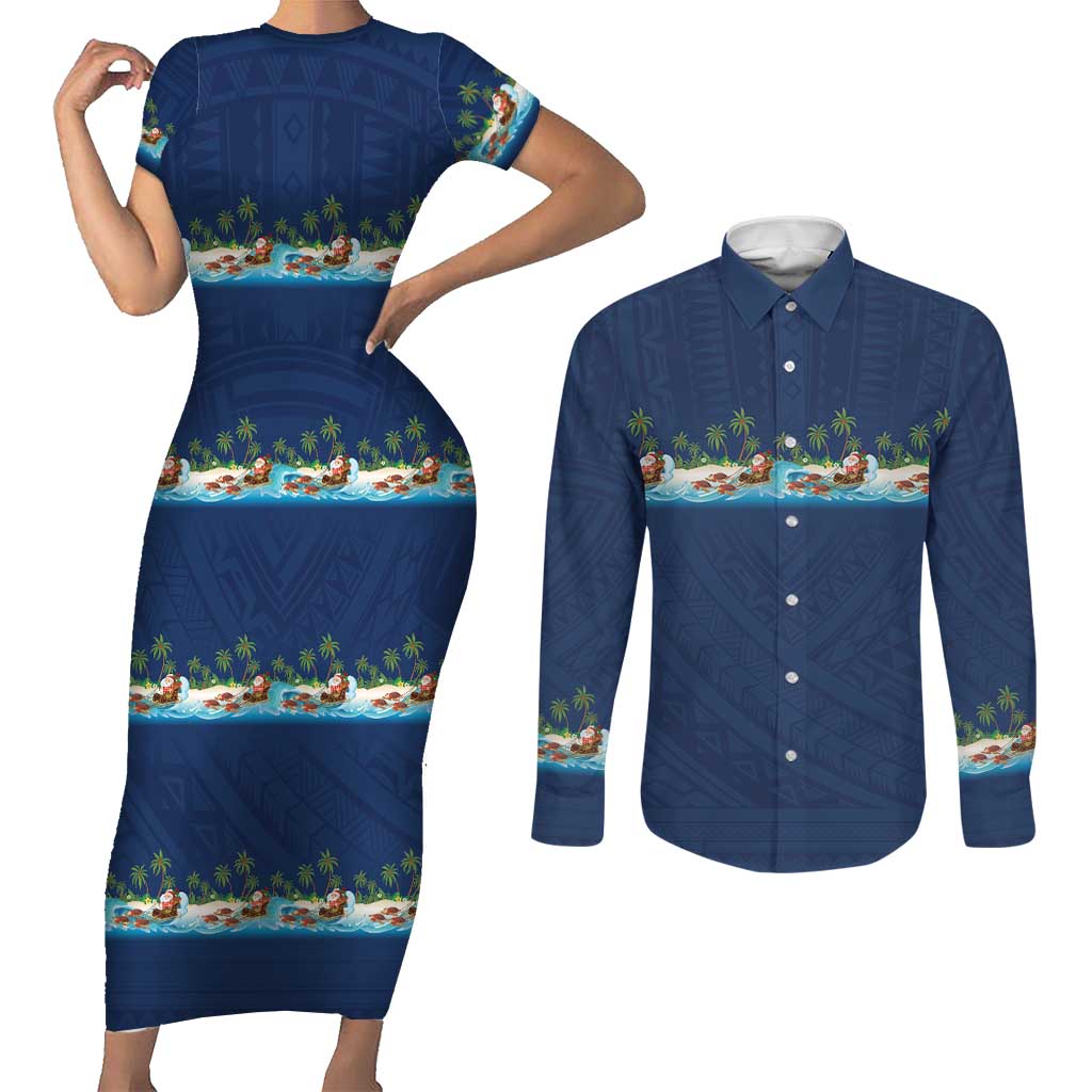 Hawaii Santa Riding Sea Turtle Couples Matching Short Sleeve Bodycon Dress and Long Sleeve Button Shirt Mele Kalikimaka Polynesian Pattern LT01 Blue - Polynesian Pride