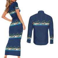 Hawaii Santa Riding Sea Turtle Couples Matching Short Sleeve Bodycon Dress and Long Sleeve Button Shirt Mele Kalikimaka Polynesian Pattern LT01 - Polynesian Pride