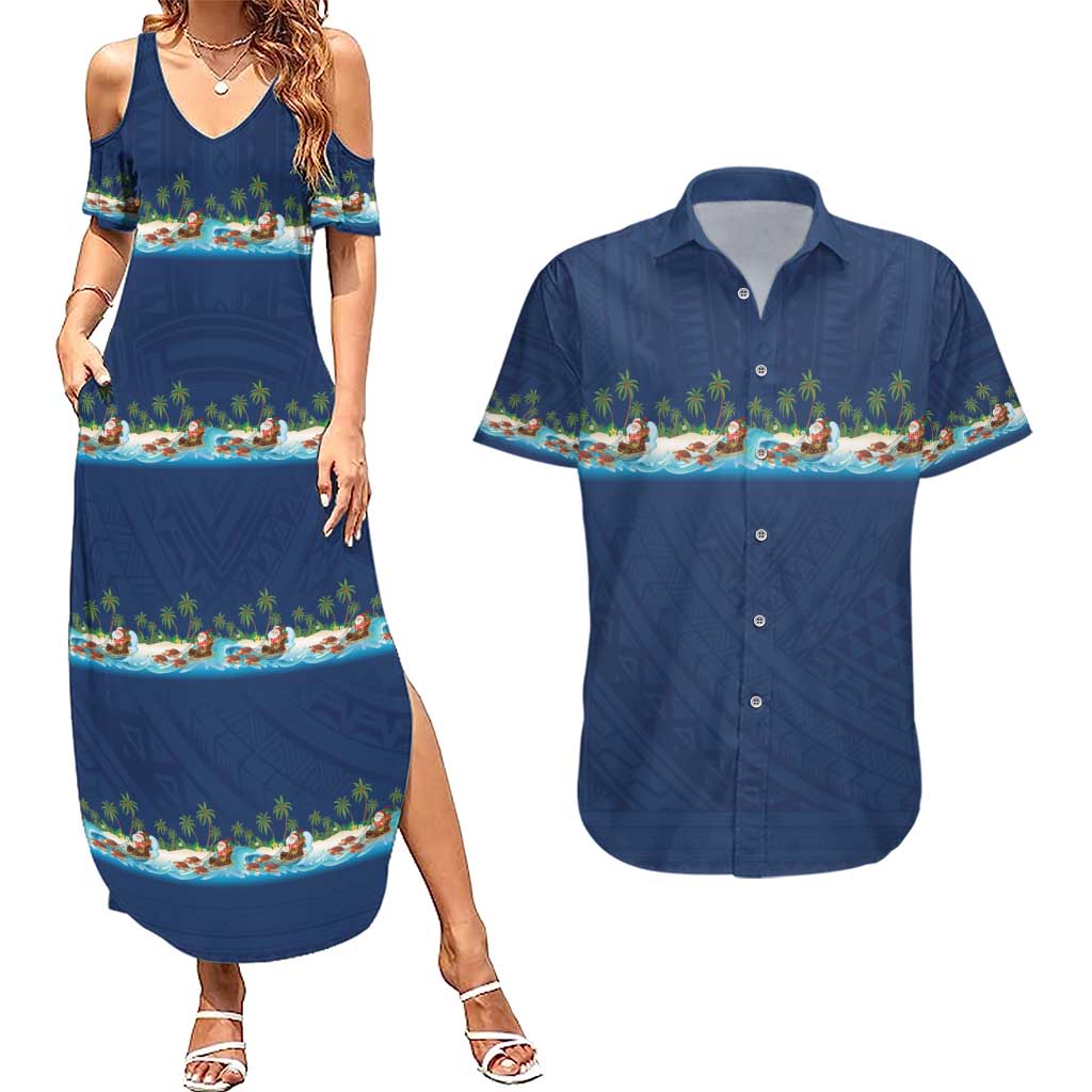 Hawaii Santa Riding Sea Turtle Couples Matching Summer Maxi Dress and Hawaiian Shirt Mele Kalikimaka Polynesian Pattern LT01 Blue - Polynesian Pride