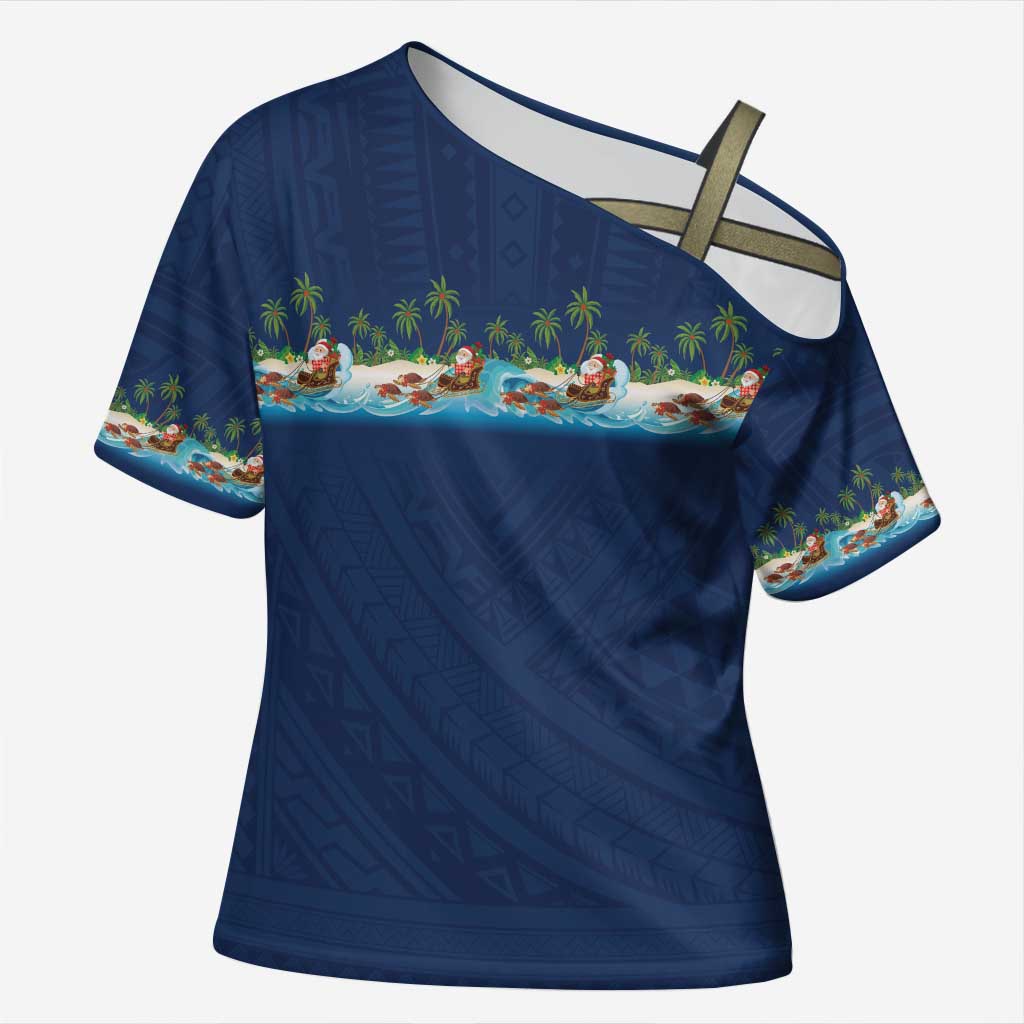 Hawaii Santa Riding Sea Turtle Cross Shoulder Shirt Mele Kalikimaka Polynesian Pattern LT01 Female Blue - Polynesian Pride