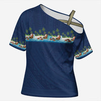 Hawaii Santa Riding Sea Turtle Cross Shoulder Shirt Mele Kalikimaka Polynesian Pattern LT01 Female Blue - Polynesian Pride