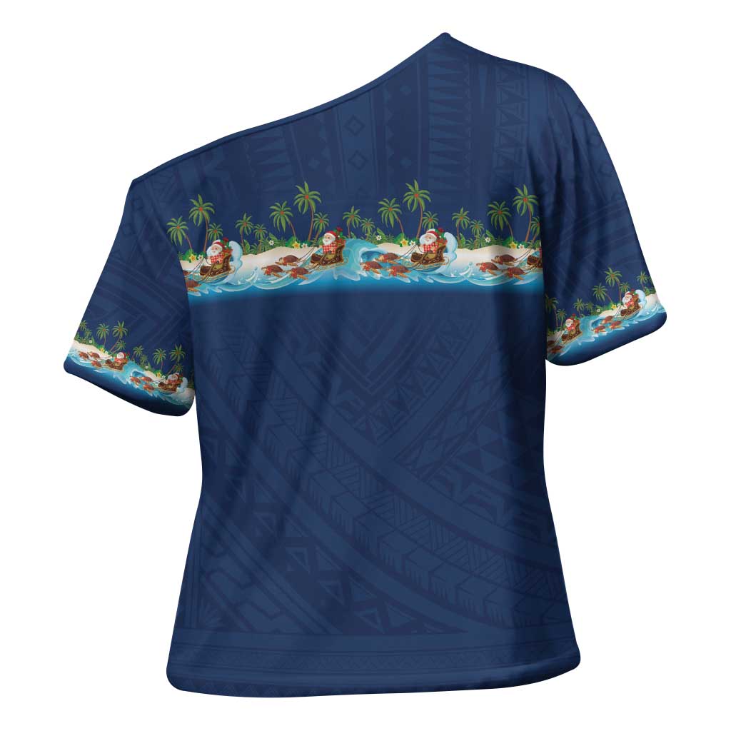 Hawaii Santa Riding Sea Turtle Cross Shoulder Shirt Mele Kalikimaka Polynesian Pattern LT01 - Polynesian Pride