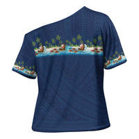 Hawaii Santa Riding Sea Turtle Cross Shoulder Shirt Mele Kalikimaka Polynesian Pattern LT01 - Polynesian Pride