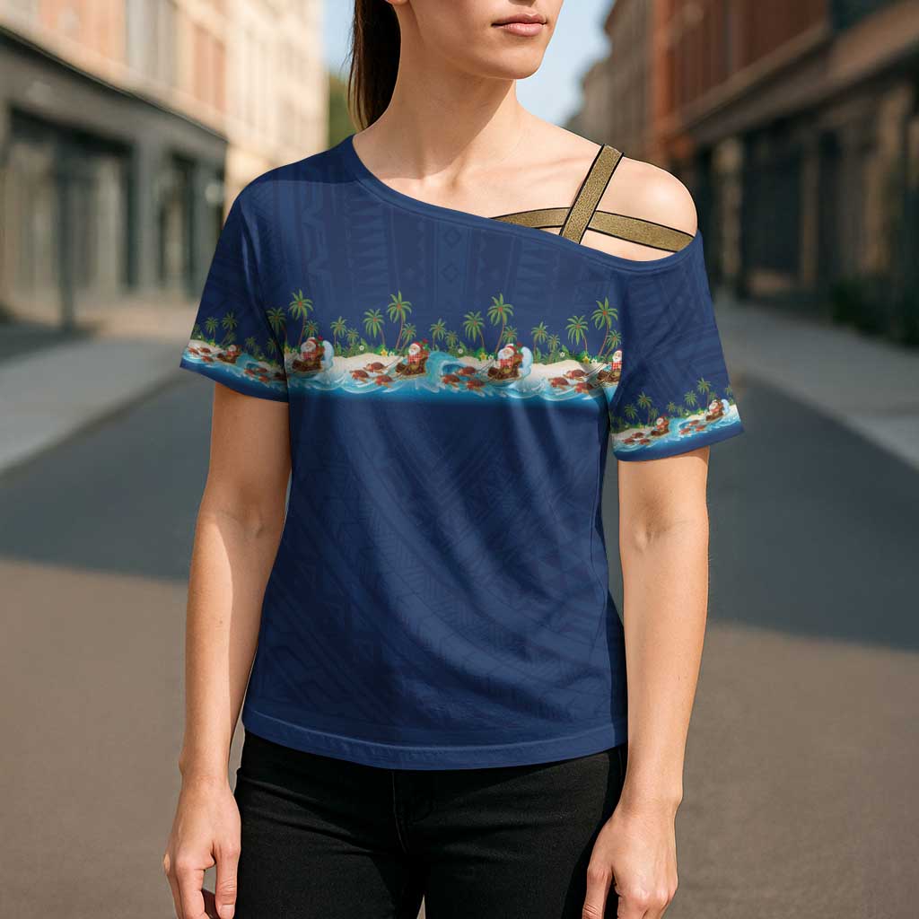 Hawaii Santa Riding Sea Turtle Cross Shoulder Shirt Mele Kalikimaka Polynesian Pattern LT01 - Polynesian Pride