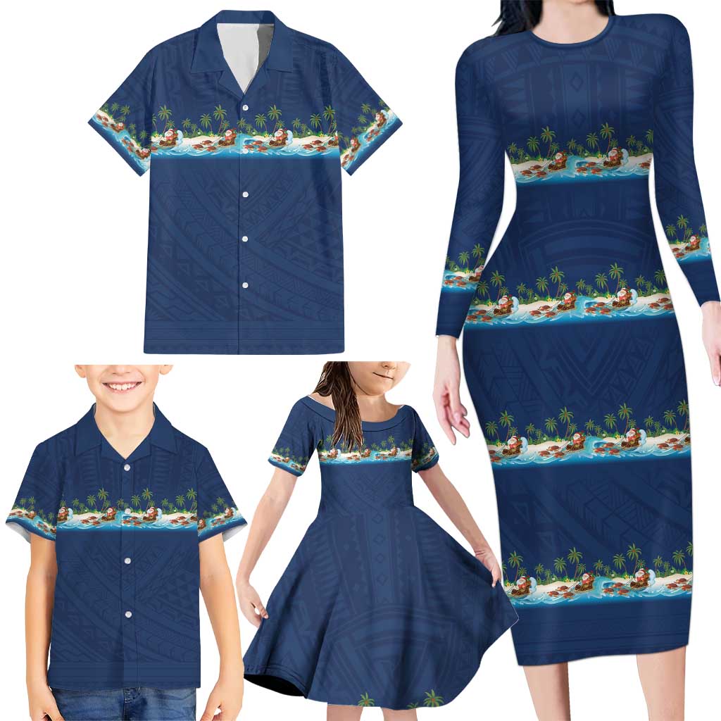 Hawaii Santa Riding Sea Turtle Family Matching Long Sleeve Bodycon Dress and Hawaiian Shirt Mele Kalikimaka Polynesian Pattern LT01 - Polynesian Pride