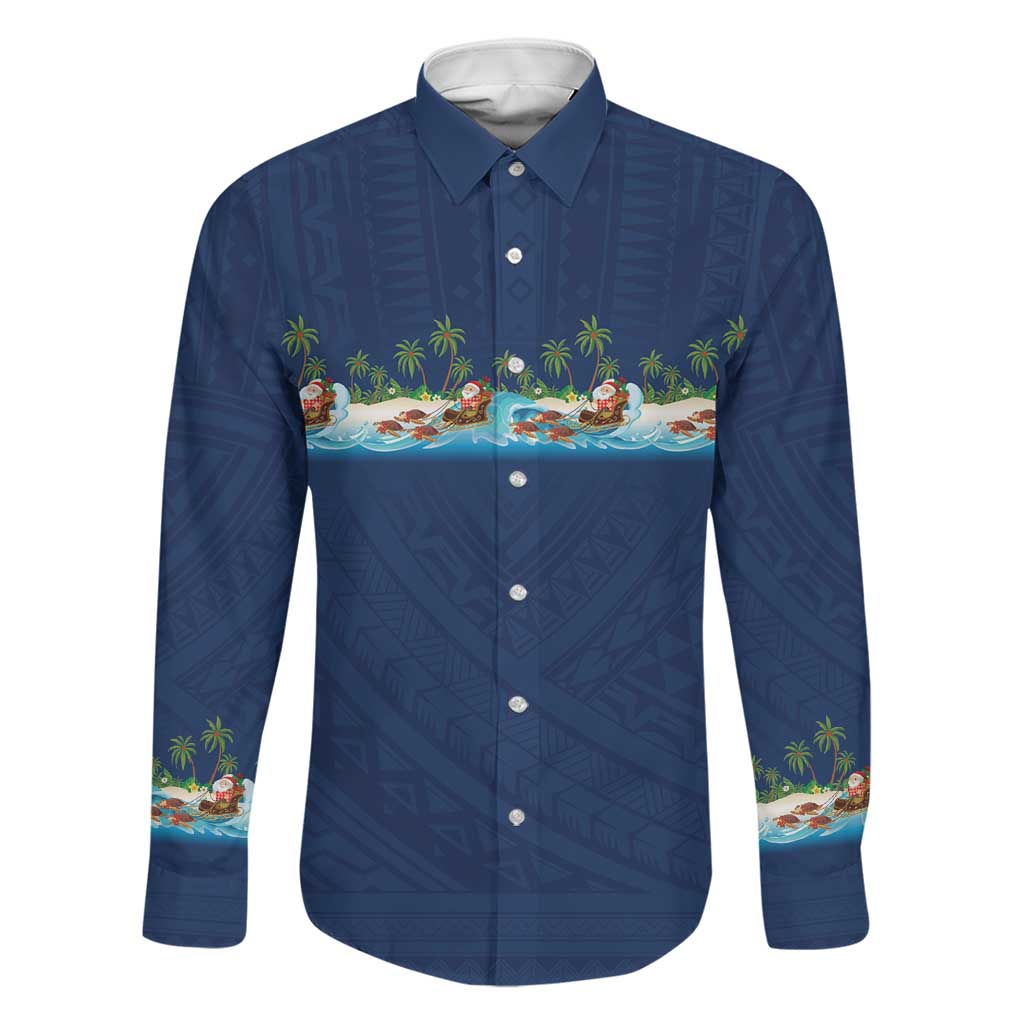 Hawaii Santa Riding Sea Turtle Family Matching Mermaid Dress and Hawaiian Shirt Mele Kalikimaka Polynesian Pattern LT01 Dad's Shirt - Long Sleeve Blue - Polynesian Pride