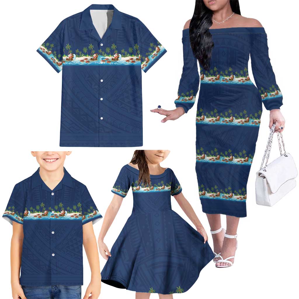 Hawaii Santa Riding Sea Turtle Family Matching Off The Shoulder Long Sleeve Dress and Hawaiian Shirt Mele Kalikimaka Polynesian Pattern LT01 - Polynesian Pride