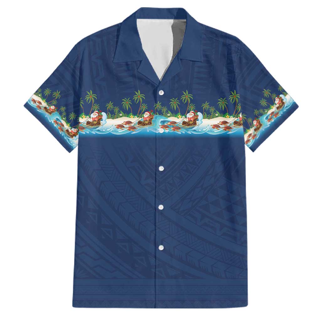 Hawaii Santa Riding Sea Turtle Family Matching Off Shoulder Maxi Dress and Hawaiian Shirt Mele Kalikimaka Polynesian Pattern LT01 Dad's Shirt - Short Sleeve Blue - Polynesian Pride