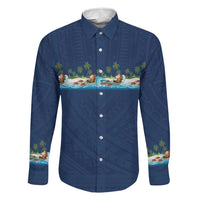 Hawaii Santa Riding Sea Turtle Family Matching Tank Maxi Dress and Hawaiian Shirt Mele Kalikimaka Polynesian Pattern LT01 Dad's Shirt - Long Sleeve Blue - Polynesian Pride