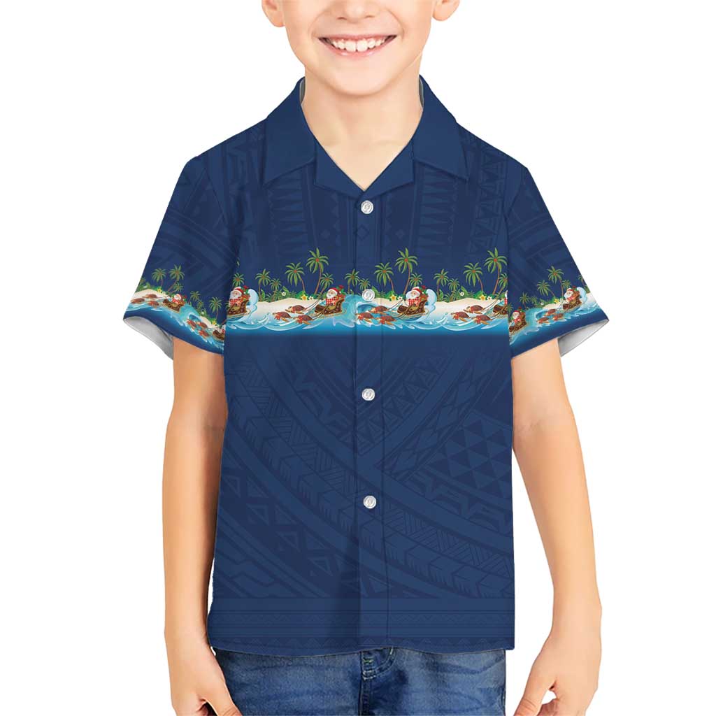 Hawaii Santa Riding Sea Turtle Kid Hawaiian Shirt Mele Kalikimaka Polynesian Pattern LT01 Kid Blue - Polynesian Pride
