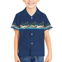 Hawaii Santa Riding Sea Turtle Kid Hawaiian Shirt Mele Kalikimaka Polynesian Pattern LT01 Kid Blue - Polynesian Pride