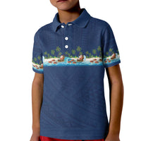 Hawaii Santa Riding Sea Turtle Kid Polo Shirt Mele Kalikimaka Polynesian Pattern LT01 Kid Blue - Polynesian Pride