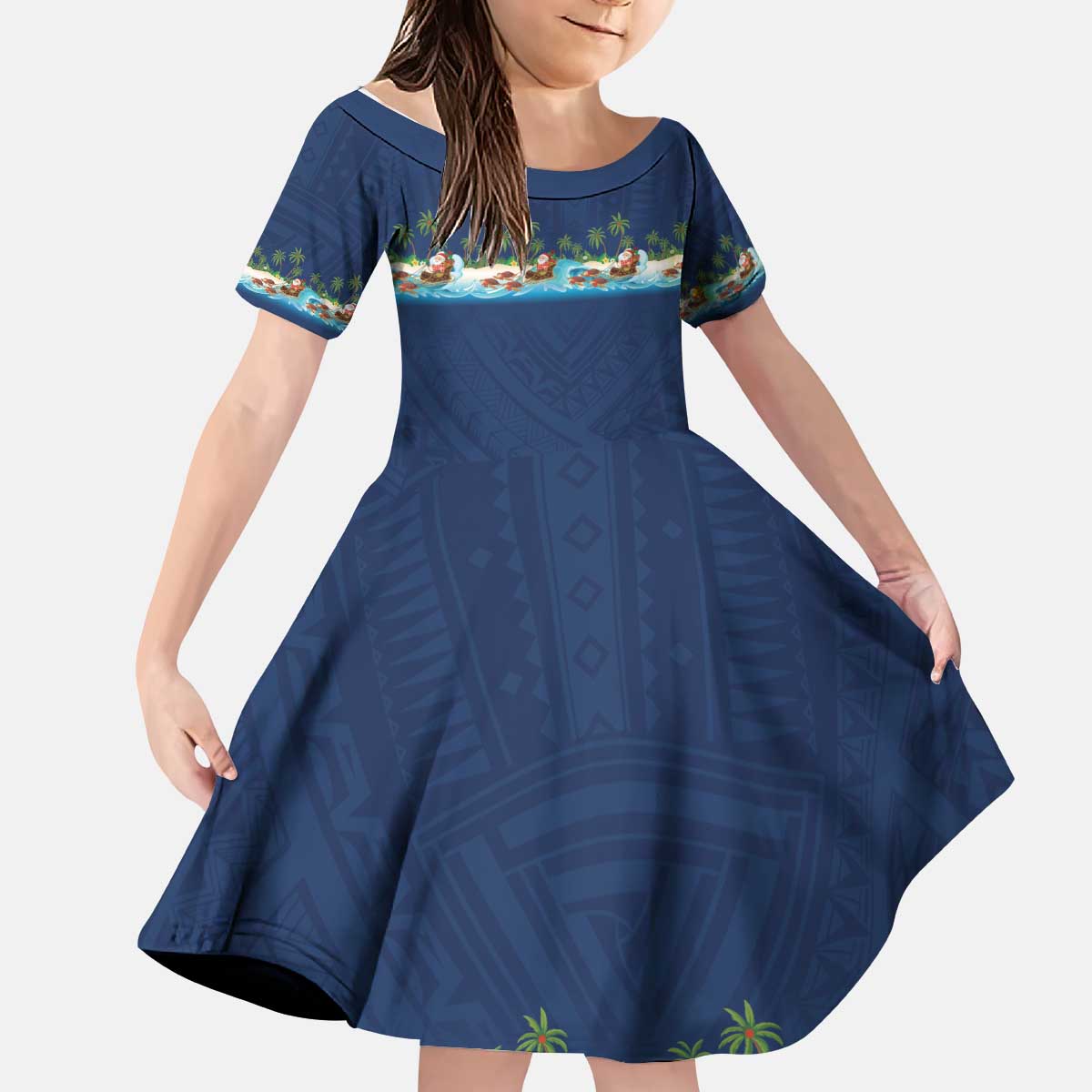 Hawaii Santa Riding Sea Turtle Kid Short Sleeve Dress Mele Kalikimaka Polynesian Pattern - Polynesian Pride