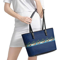 Hawaii Santa Riding Sea Turtle Leather Tote Bag Mele Kalikimaka Polynesian Pattern - Polynesian Pride