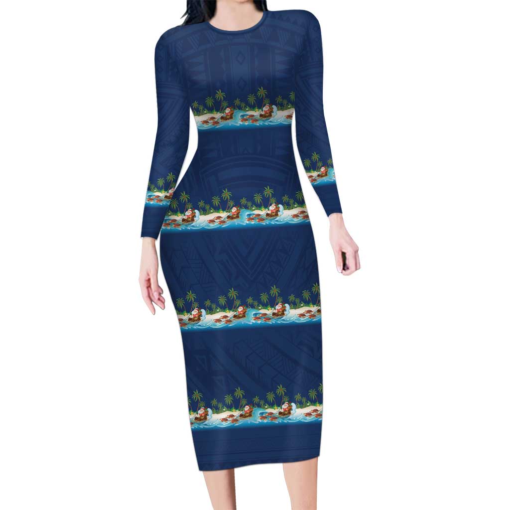 Hawaii Santa Riding Sea Turtle Long Sleeve Bodycon Dress Mele Kalikimaka Polynesian Pattern - Polynesian Pride