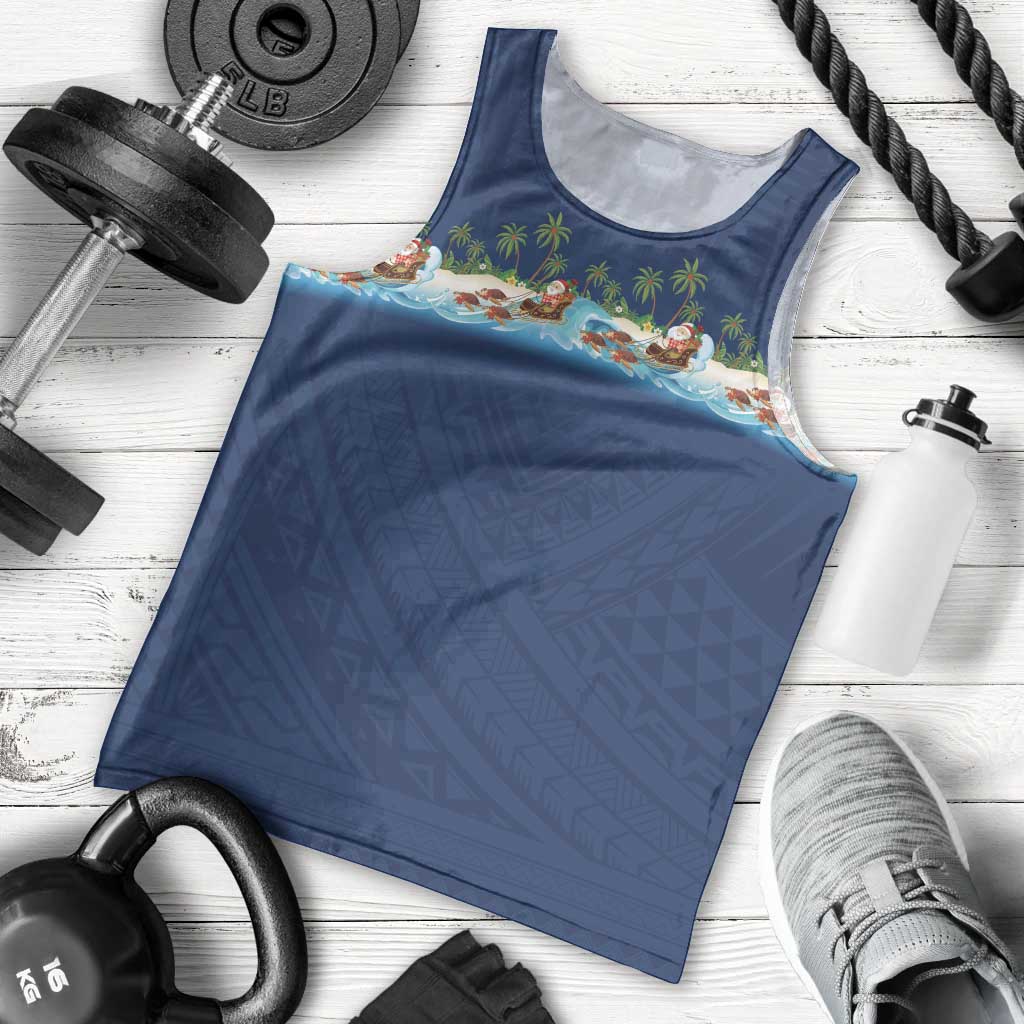 Hawaii Santa Riding Sea Turtle Men Tank Top Mele Kalikimaka Polynesian Pattern - Polynesian Pride