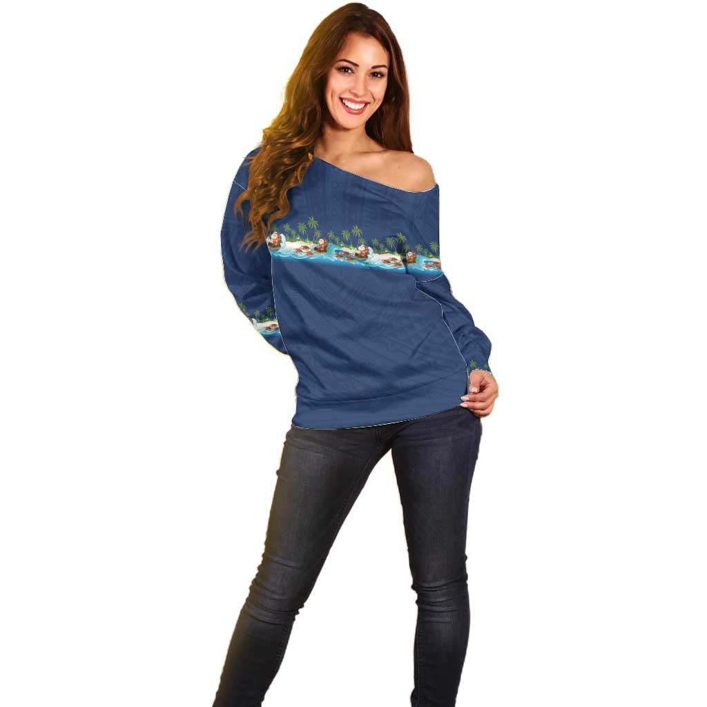 Hawaii Santa Riding Sea Turtle Off Shoulder Sweater Mele Kalikimaka Polynesian Pattern - Polynesian Pride