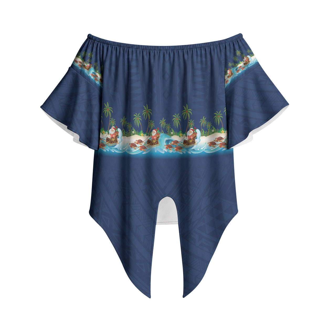 Hawaii Santa Riding Sea Turtle Off Shoulder Wrap Waist Top Mele Kalikimaka Polynesian Pattern LT01 Blue - Polynesian Pride