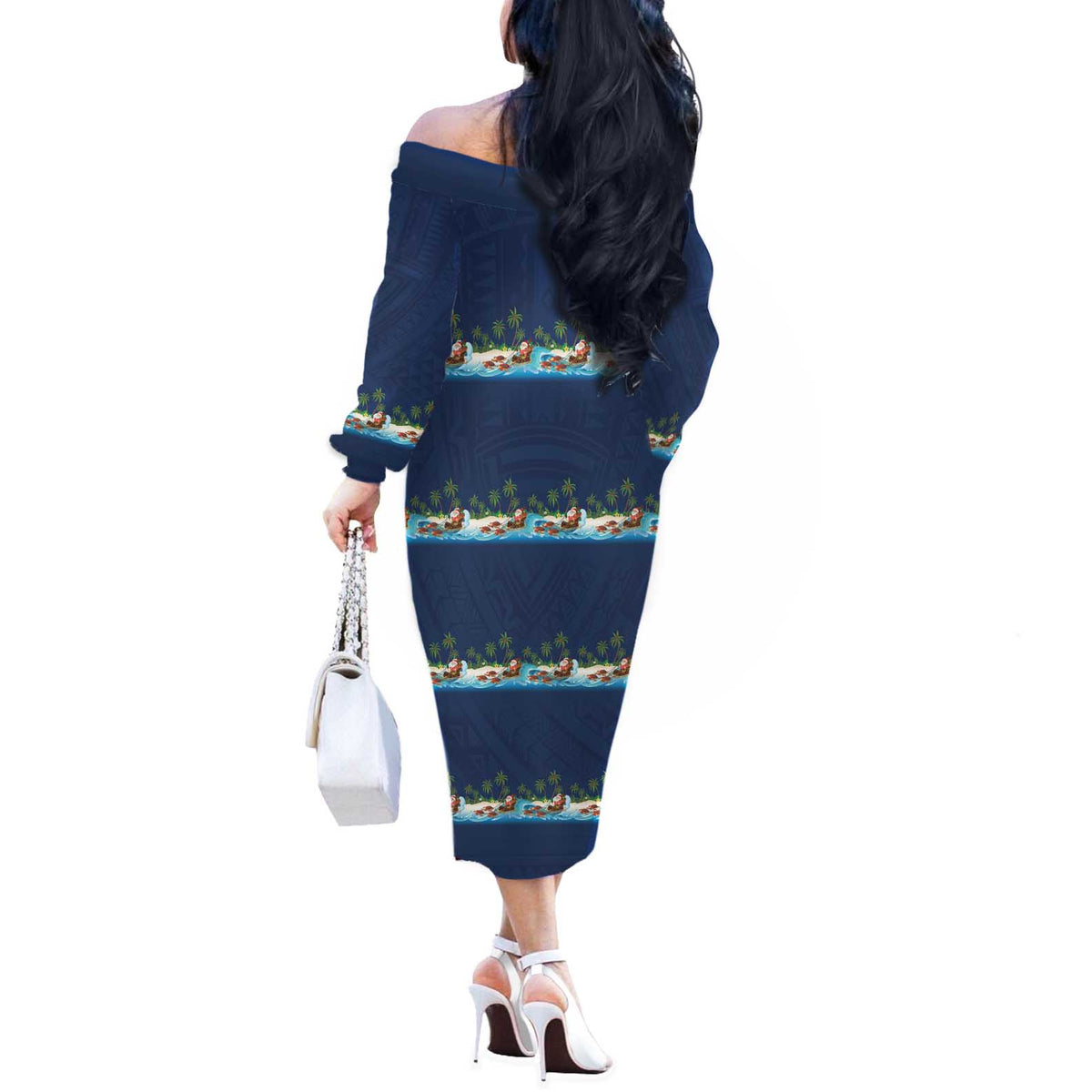 Hawaii Santa Riding Sea Turtle Off The Shoulder Long Sleeve Dress Mele Kalikimaka Polynesian Pattern - Polynesian Pride