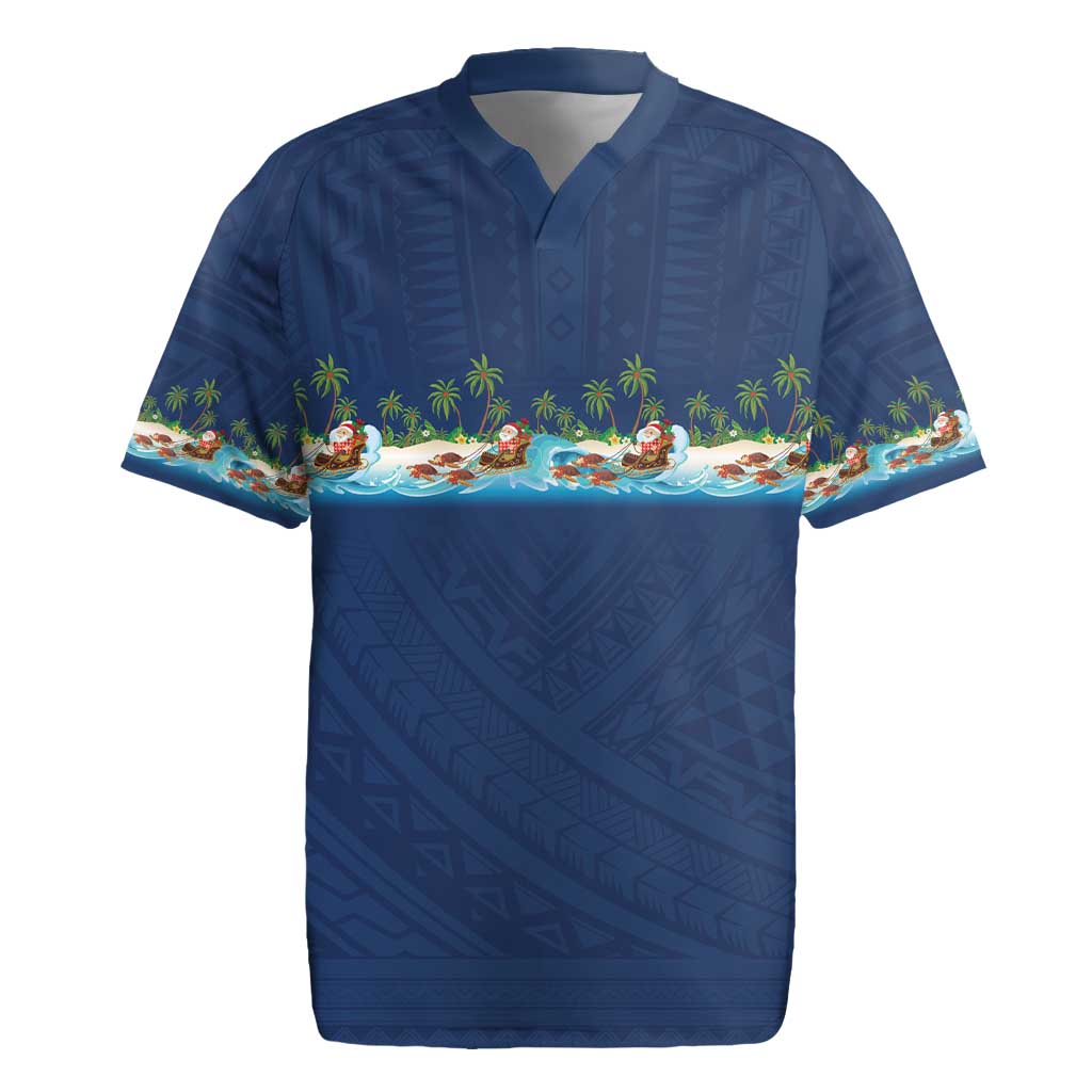 Hawaii Santa Riding Sea Turtle Rugby Jersey Mele Kalikimaka Polynesian Pattern LT01 Blue - Polynesian Pride