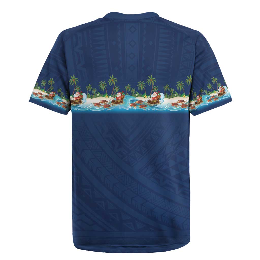 Hawaii Santa Riding Sea Turtle Rugby Jersey Mele Kalikimaka Polynesian Pattern LT01 - Polynesian Pride