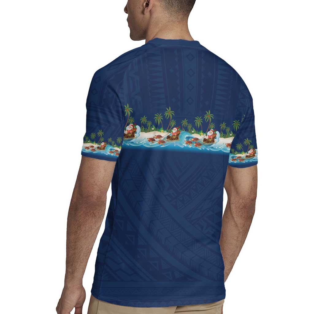 Hawaii Santa Riding Sea Turtle Rugby Jersey Mele Kalikimaka Polynesian Pattern LT01 - Polynesian Pride