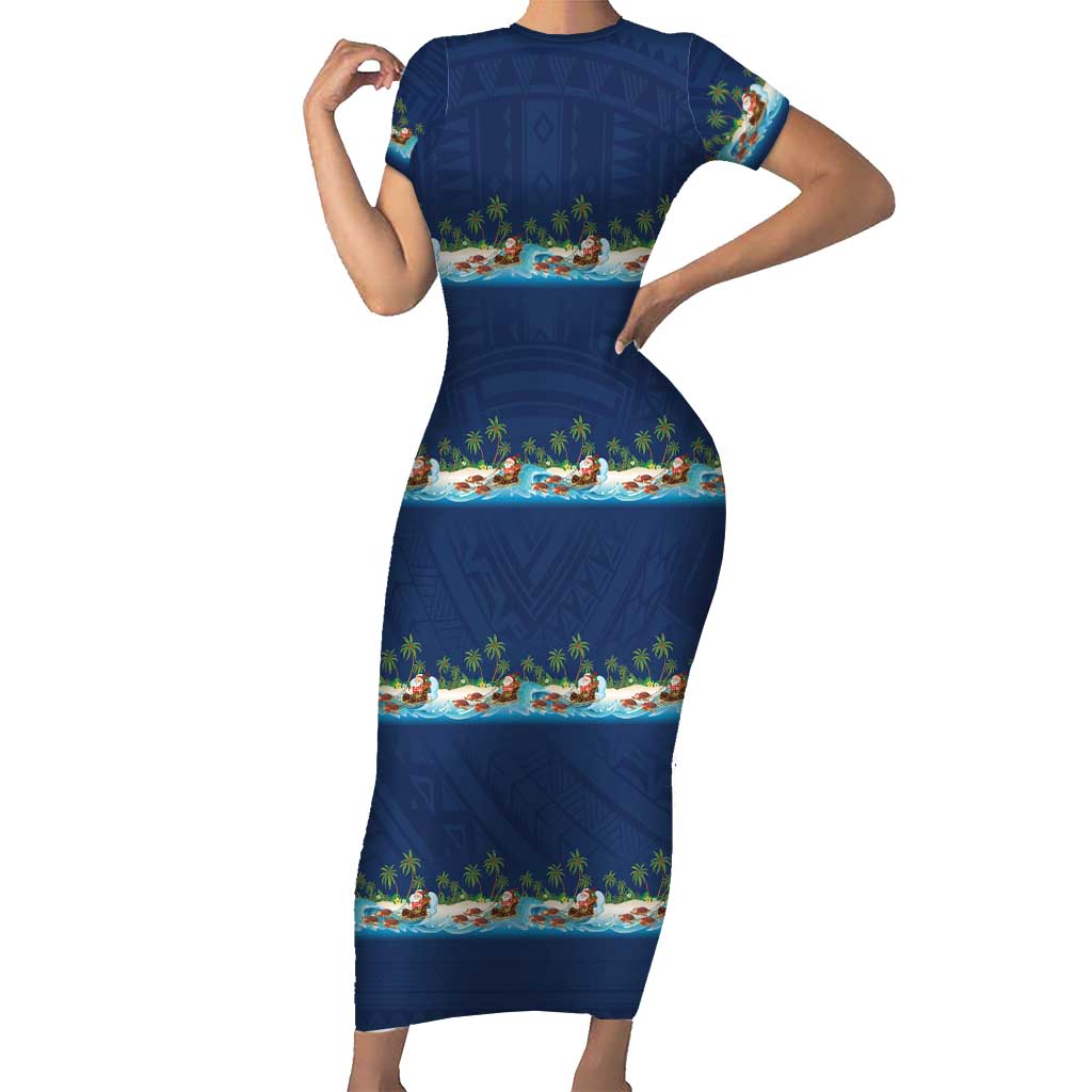 Hawaii Santa Riding Sea Turtle Short Sleeve Bodycon Dress Mele Kalikimaka Polynesian Pattern - Polynesian Pride