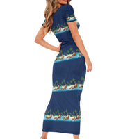 Hawaii Santa Riding Sea Turtle Short Sleeve Bodycon Dress Mele Kalikimaka Polynesian Pattern - Polynesian Pride
