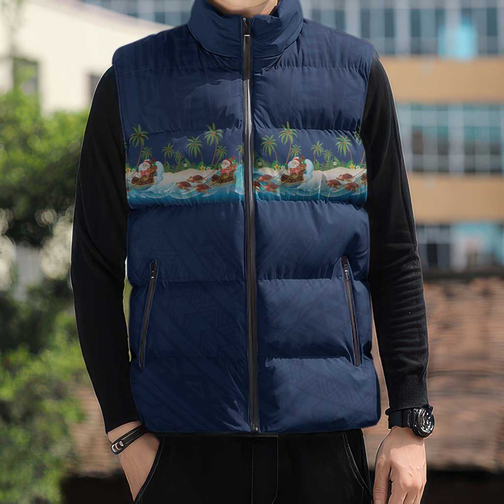 Hawaii Santa Riding Sea Turtle Sleeveless Puffer Jacket Mele Kalikimaka Polynesian Pattern - Polynesian Pride