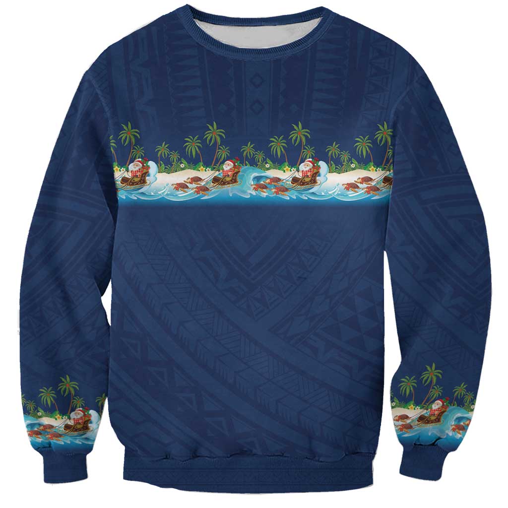 Hawaii Santa Riding Sea Turtle Sweatshirt Mele Kalikimaka Polynesian Pattern - Polynesian Pride