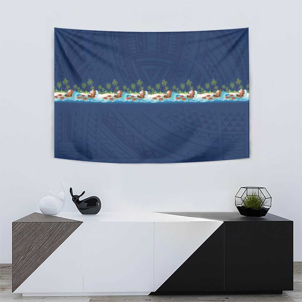 Hawaii Santa Riding Sea Turtle Tapestry Mele Kalikimaka Polynesian Pattern - Polynesian Pride