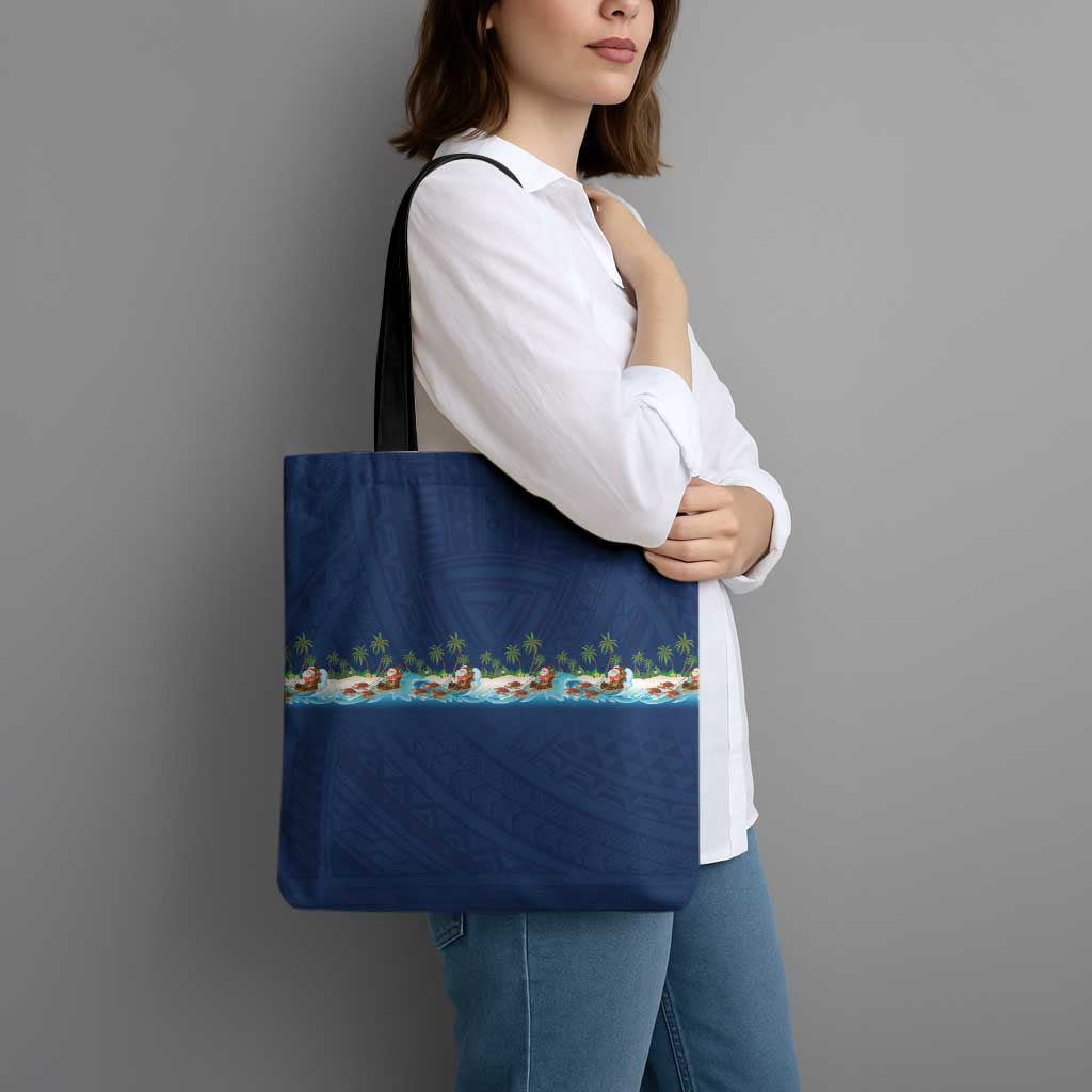 Hawaii Santa Riding Sea Turtle Tote Bag Mele Kalikimaka Polynesian Pattern - Polynesian Pride
