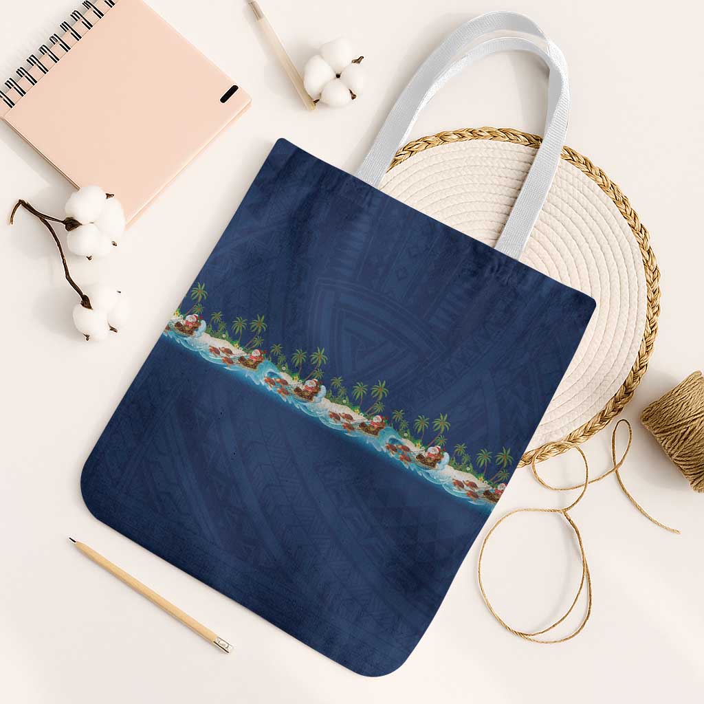 Hawaii Santa Riding Sea Turtle Tote Bag Mele Kalikimaka Polynesian Pattern - Polynesian Pride