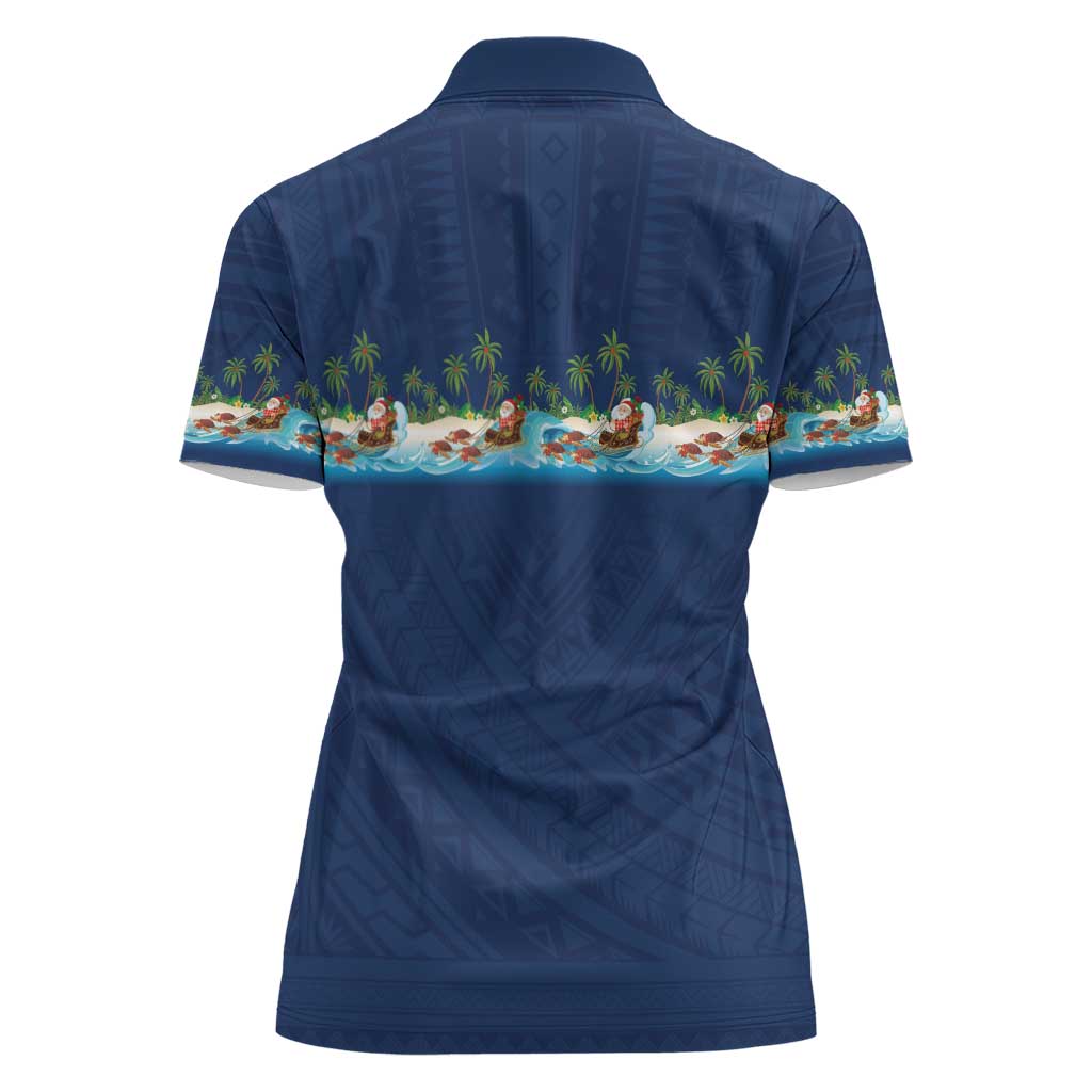Hawaii Santa Riding Sea Turtle Women Polo Shirt Mele Kalikimaka Polynesian Pattern - Polynesian Pride