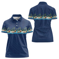 Hawaii Santa Riding Sea Turtle Women Polo Shirt Mele Kalikimaka Polynesian Pattern - Polynesian Pride