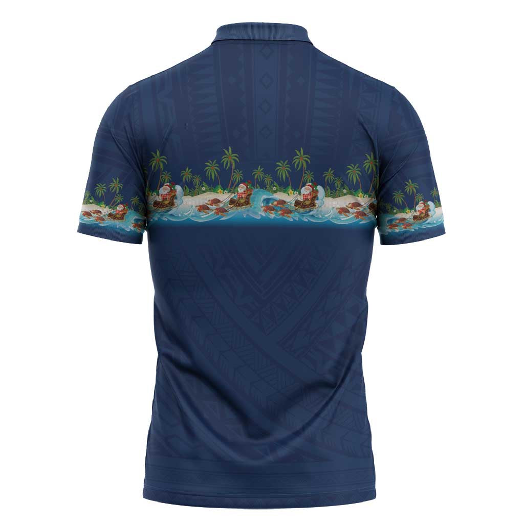 Hawaii Santa Riding Sea Turtle Zipper Polo Shirt Mele Kalikimaka Polynesian Pattern - Polynesian Pride