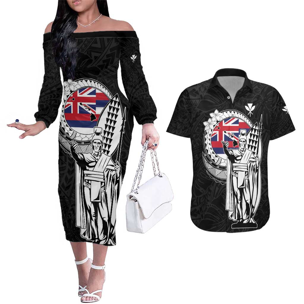 Personalized Hawaii King Kamehameha Couples Matching Off The Shoulder Long Sleeve Dress and Hawaiian Shirt Flag Polynesian Pattern