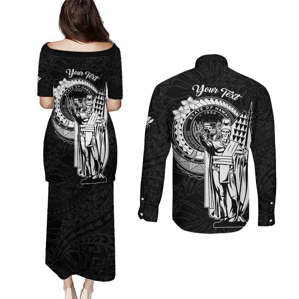 Personalized Hawaii King Kamehameha Couples Matching Puletasi and Long Sleeve Button Shirt Flag Polynesian Pattern