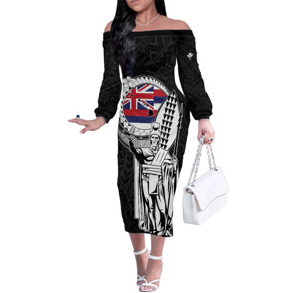 Personalized Hawaii King Kamehameha Family Matching Off The Shoulder Long Sleeve Dress and Hawaiian Shirt Flag Polynesian Pattern LT01 Mom's Dress Black - Polynesian Pride