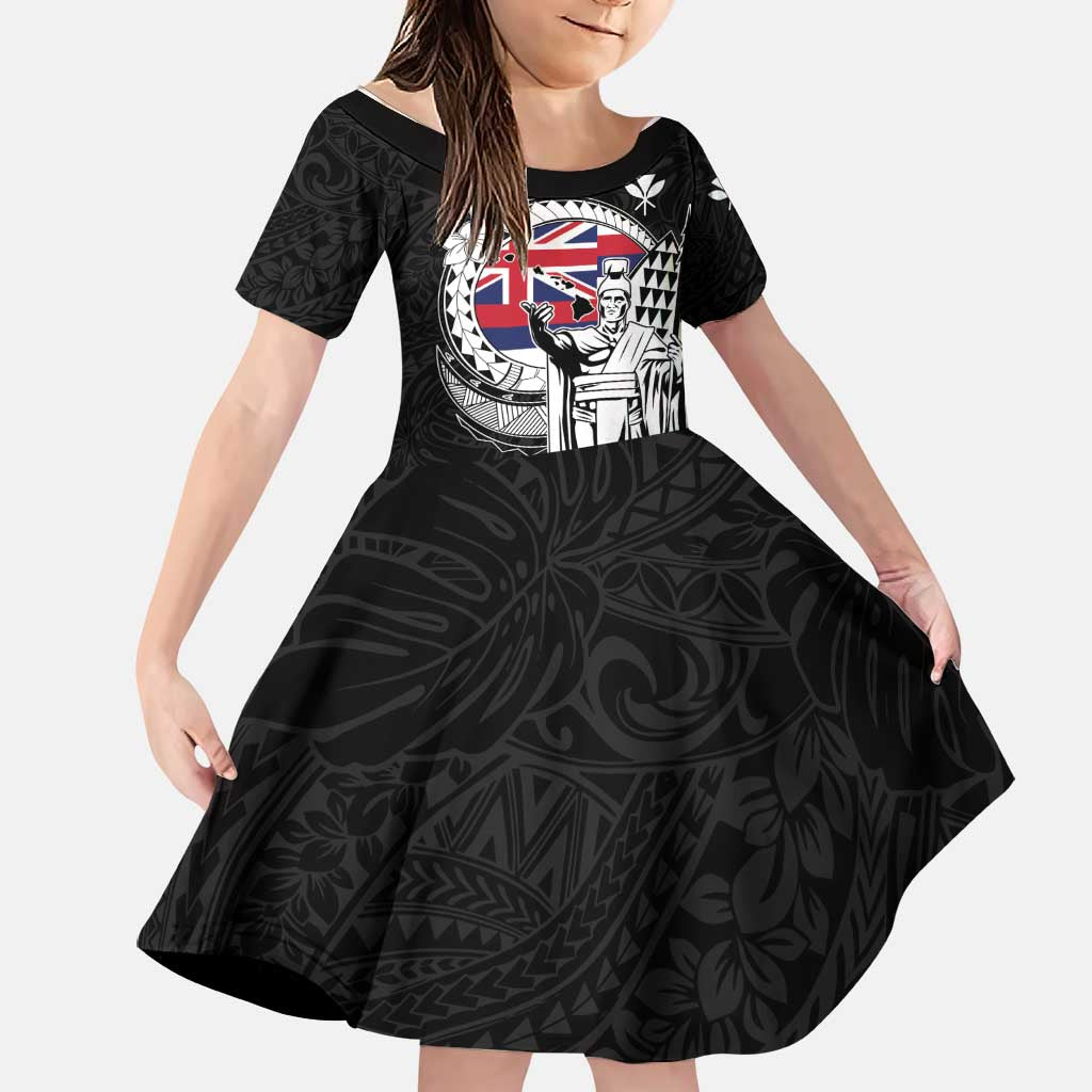 Personalized Hawaii King Kamehameha Family Matching Off Shoulder Short Dress and Hawaiian Shirt Flag Polynesian Pattern LT01 Daughter's Dress Black - Polynesian Pride