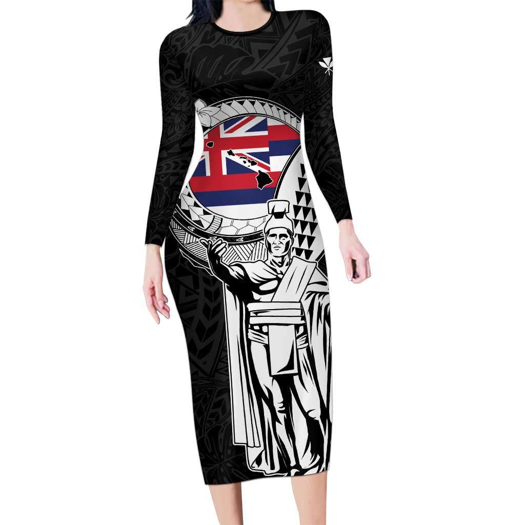 Personalized Hawaii King Kamehameha Long Sleeve Bodycon Dress Flag Polynesian Pattern