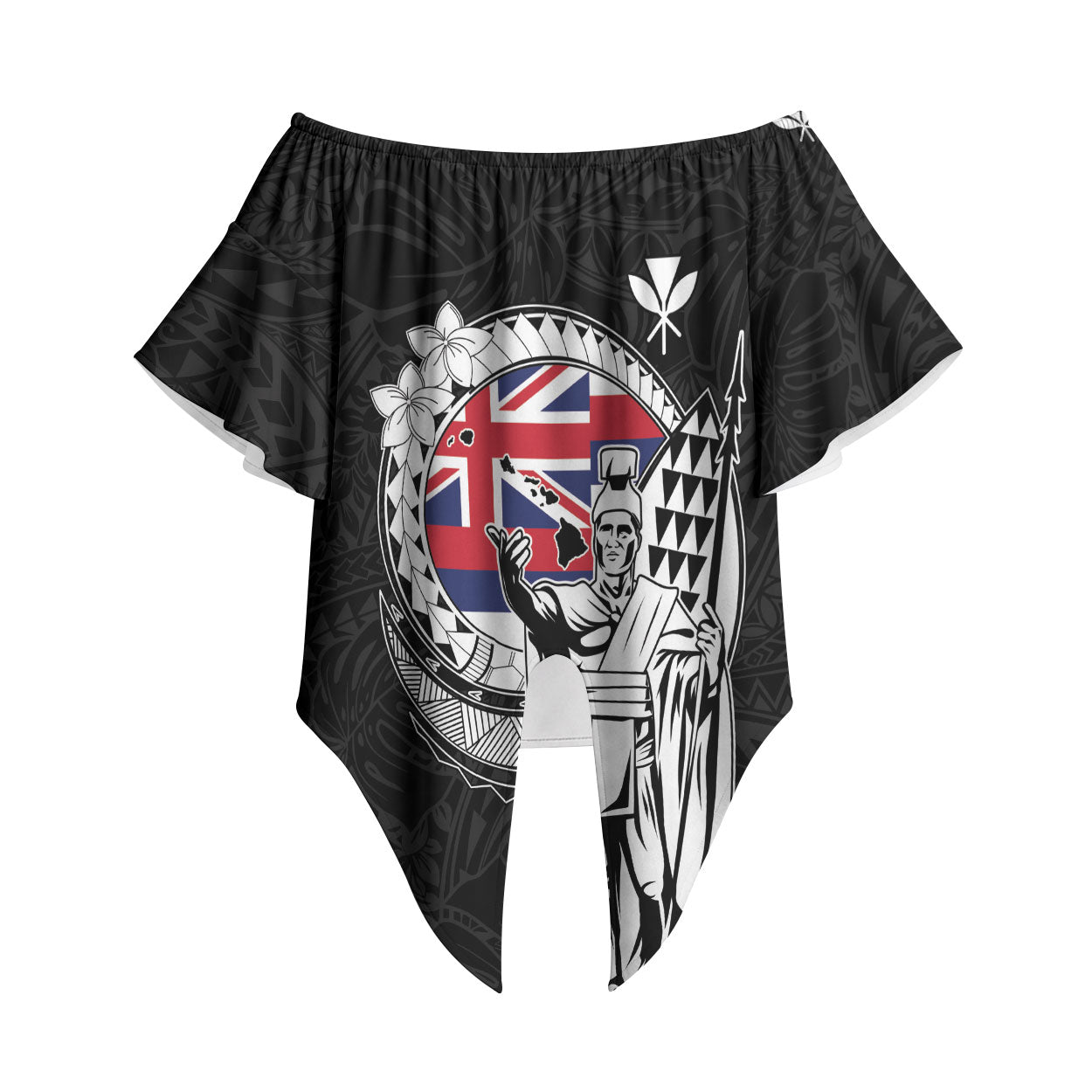 Personalized Hawaii King Kamehameha Off Shoulder Wrap Waist Top Flag Polynesian Pattern LT01 Black - Polynesian Pride