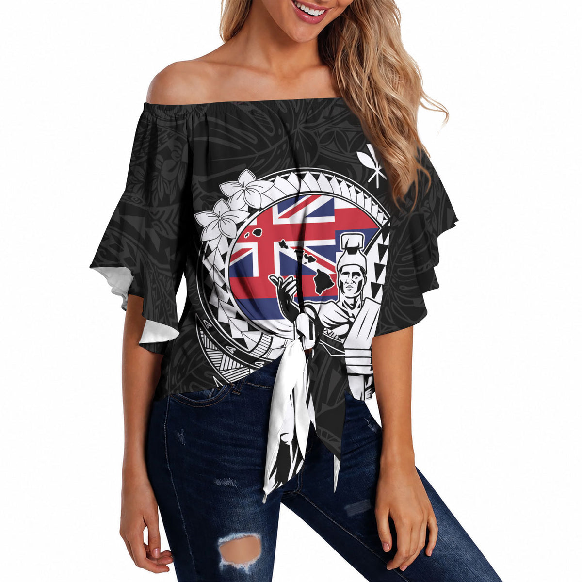 Personalized Hawaii King Kamehameha Off Shoulder Wrap Waist Top Flag Polynesian Pattern LT01 - Polynesian Pride