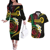 Vanuatu Independence Day Couples Matching Off The Shoulder Long Sleeve Dress and Hawaiian Shirt Yumi 45th Hapi Indipendens Dei LT01 Black - Polynesian Pride
