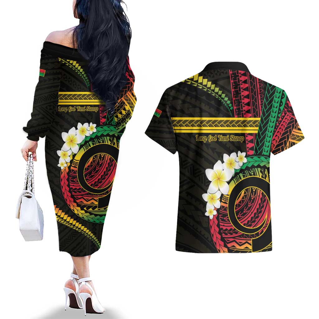 Vanuatu Independence Day Couples Matching Off The Shoulder Long Sleeve Dress and Hawaiian Shirt Yumi 45th Hapi Indipendens Dei LT01 - Polynesian Pride
