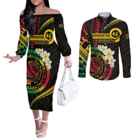 Vanuatu Independence Day Couples Matching Off The Shoulder Long Sleeve Dress and Long Sleeve Button Shirt Yumi 46th Hapi Indipendens Dei LT01 Black - Polynesian Pride