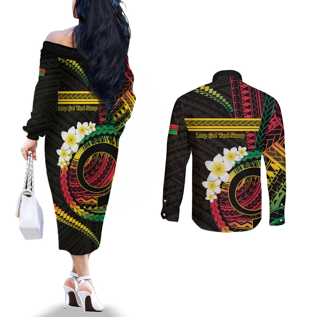 Vanuatu Independence Day Couples Matching Off The Shoulder Long Sleeve Dress and Long Sleeve Button Shirt Yumi 46th Hapi Indipendens Dei LT01 - Polynesian Pride