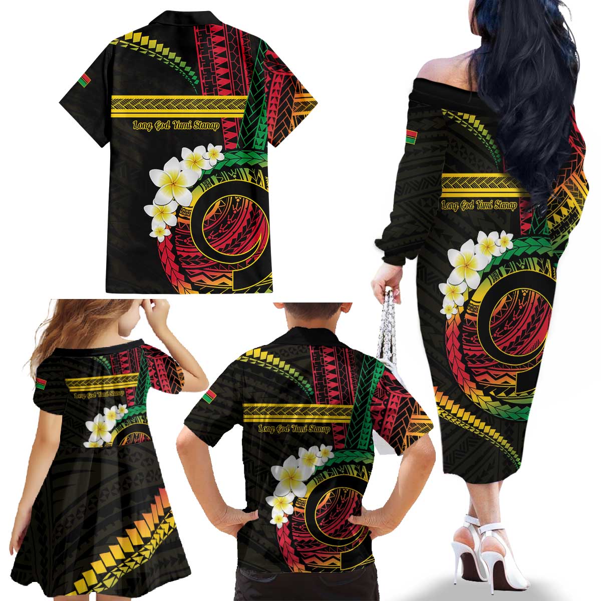 Vanuatu Independence Day Family Matching Off The Shoulder Long Sleeve Dress and Hawaiian Shirt Yumi 45th Hapi Indipendens Dei LT01 - Polynesian Pride